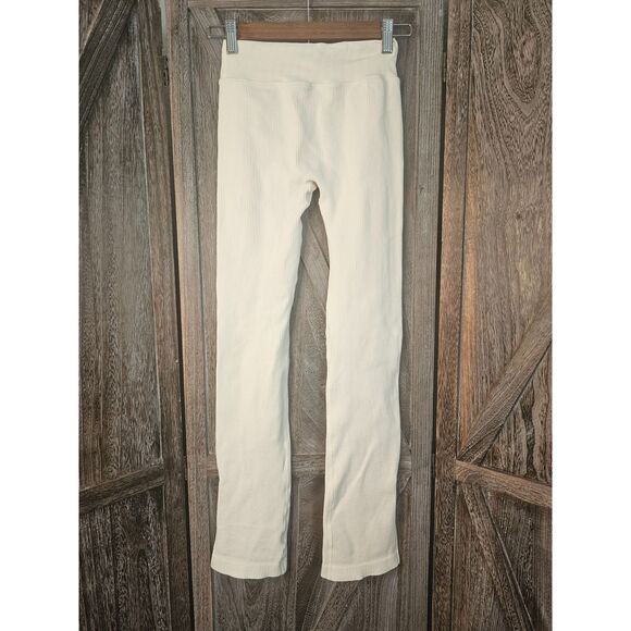 Bo & Tee High Waist Split Flare Ribbed Leggings Ivory Small - Picture 2 of 7